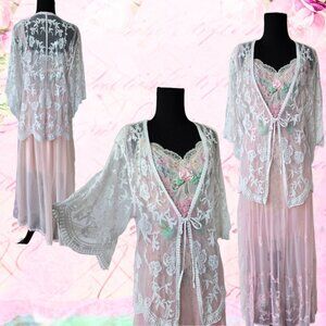 Parami Designs Re-Embroidered Mesh Off-White Lacey Kimono Cover Up Romantic